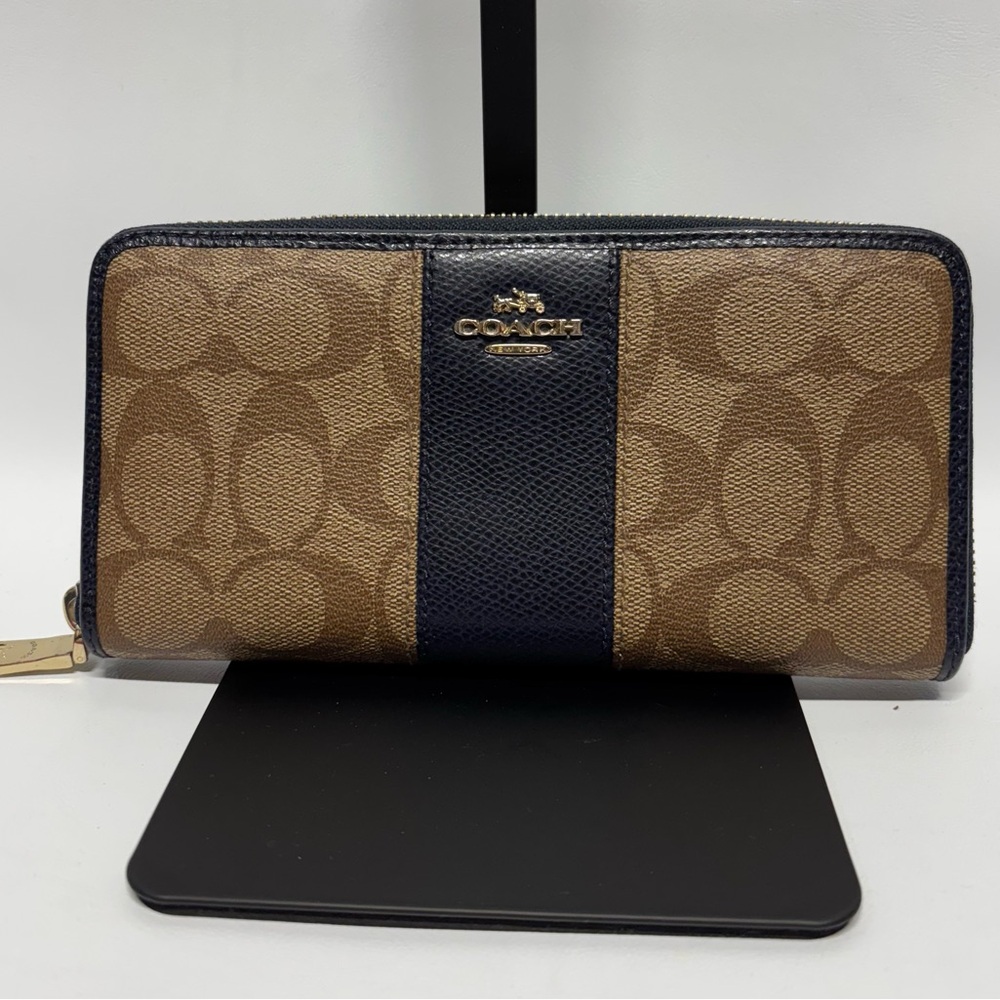 ✨ Coach Signature Navy Blue Brown Accordion Zip Around Long Wallet